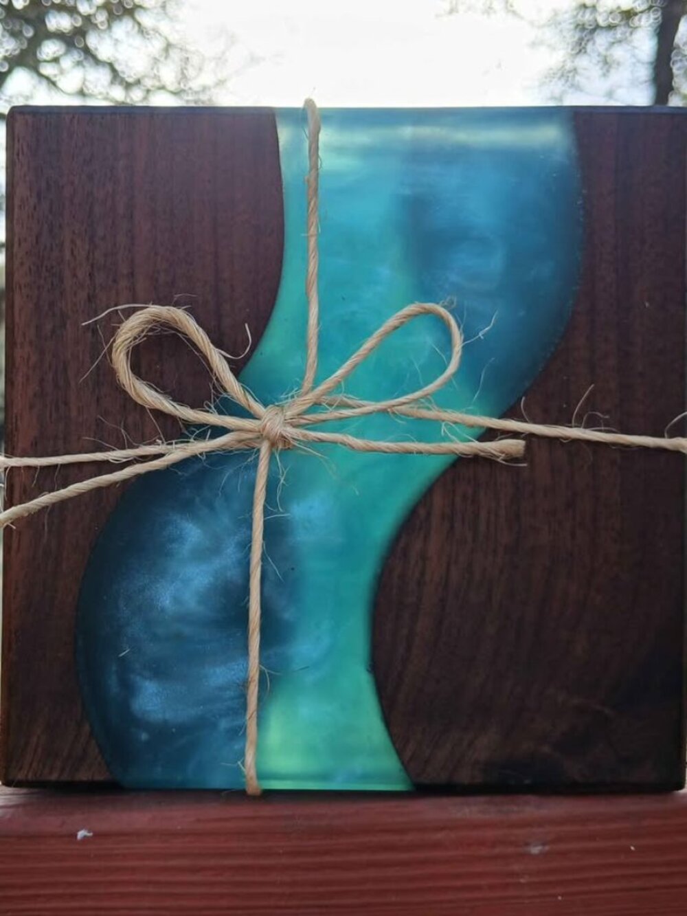 Handmade Wood & Resin Coaster Set – Blue Resin – Set of 4
